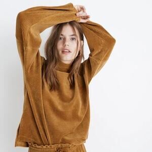 Madewell Texture & Thread Women's Antique Gold Velour Corduroy Mockneck Top - S‎
